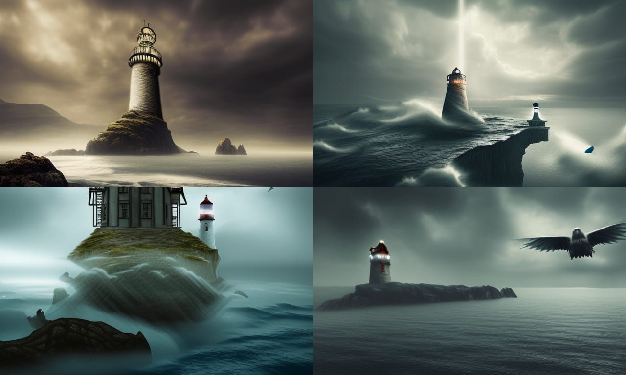 Flying Lighthouse Above Ocean Landscape