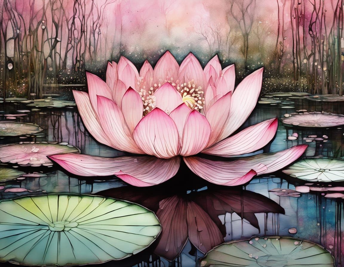 Pale Pink Lotus in Marsh, Mixed Media Art
