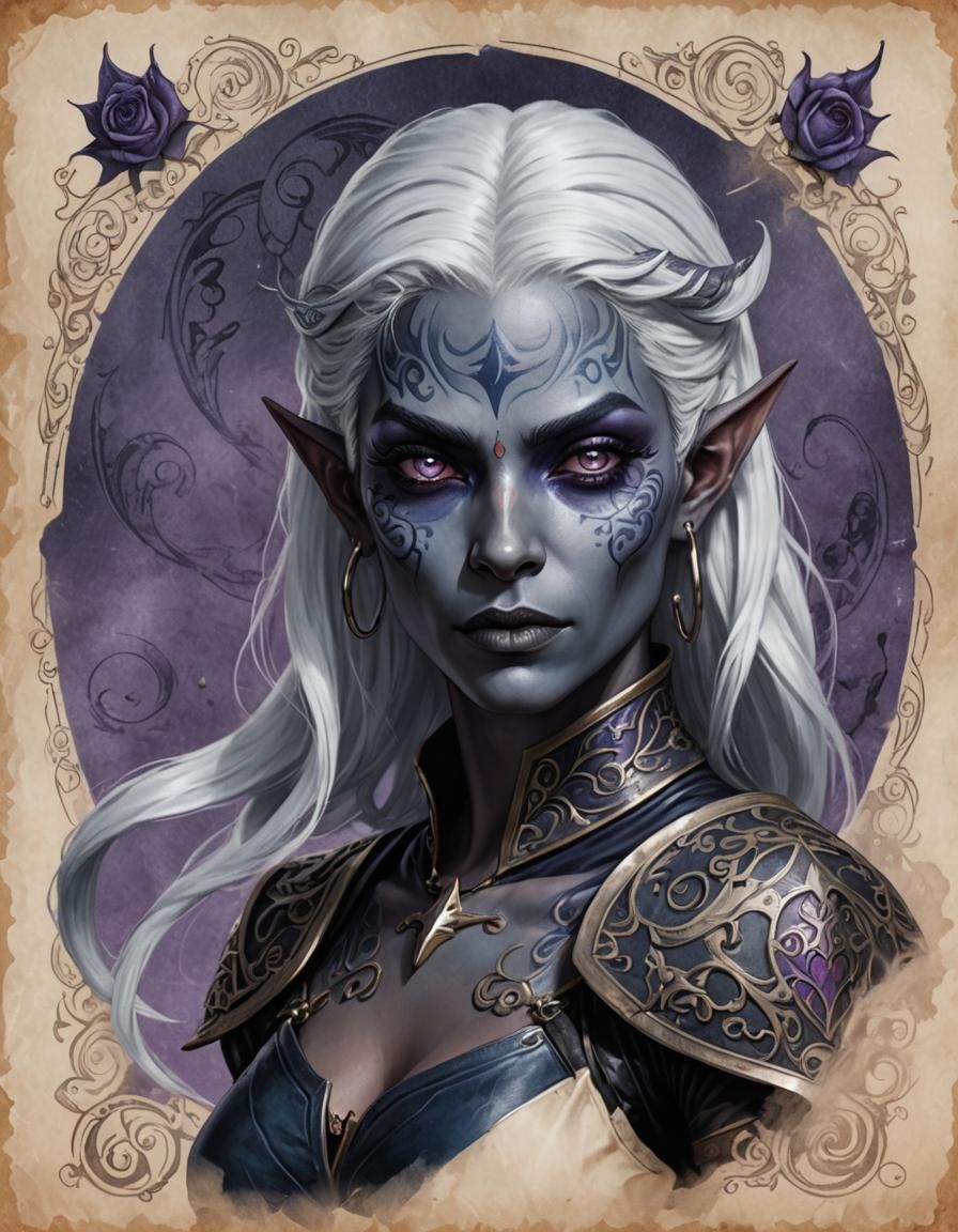 Dark Elf Woman Portrait with Swirling Tattoos