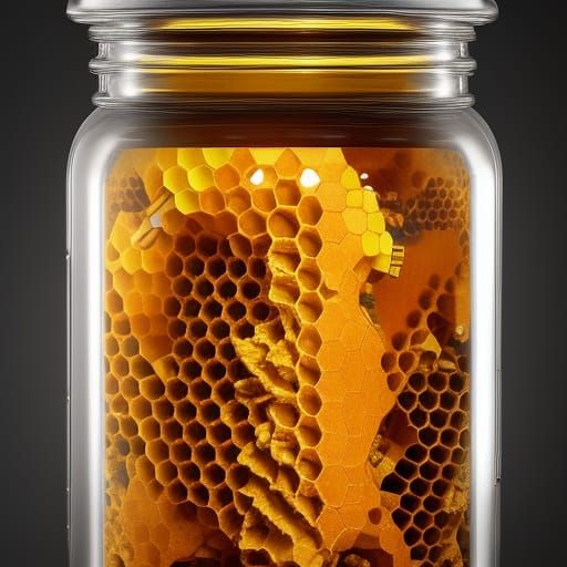 Honeybees Swarming Honeycomb in Jar, Ghibli Style