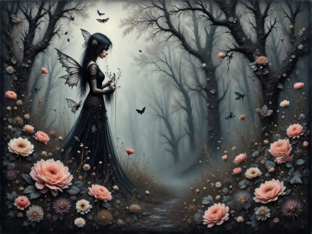 Gothic Spider Fairy in Watercolor Lace Forest