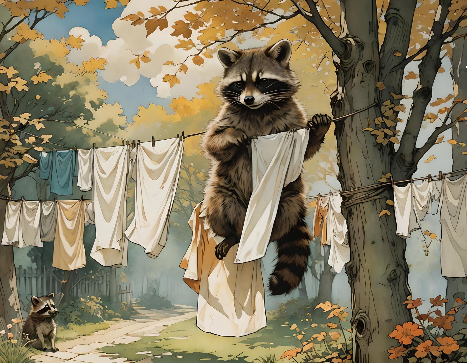 Raccoon Kit Laundry Day in Art Nouveau Style