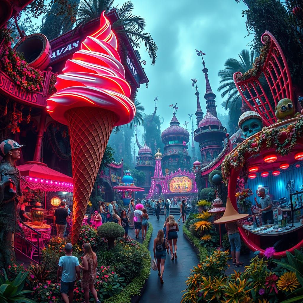 Giant Neon Ice Cream Cone in Surreal Carnival Garden