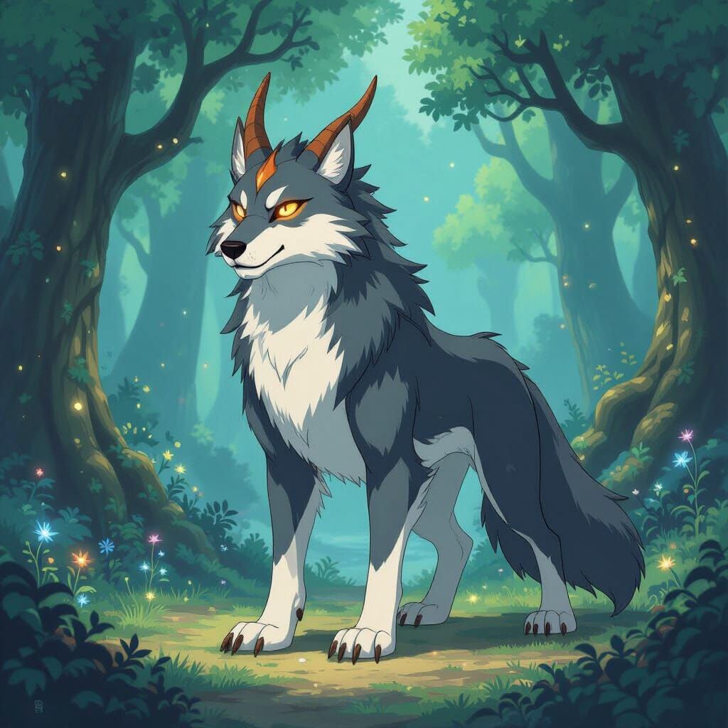 Majestic Wolf-Dragon Hybrid in Ghibli Style