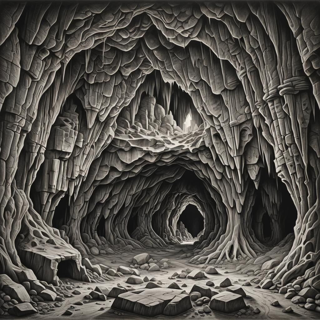 Hyperdetailed Charcoal Drawing of Interconnected Caves