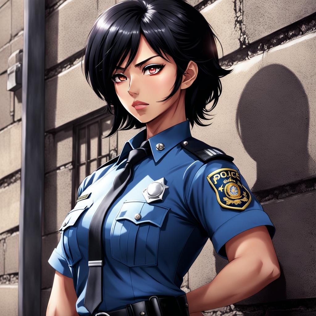 Anime Style: Muscular Police Officer Against Prison Wall