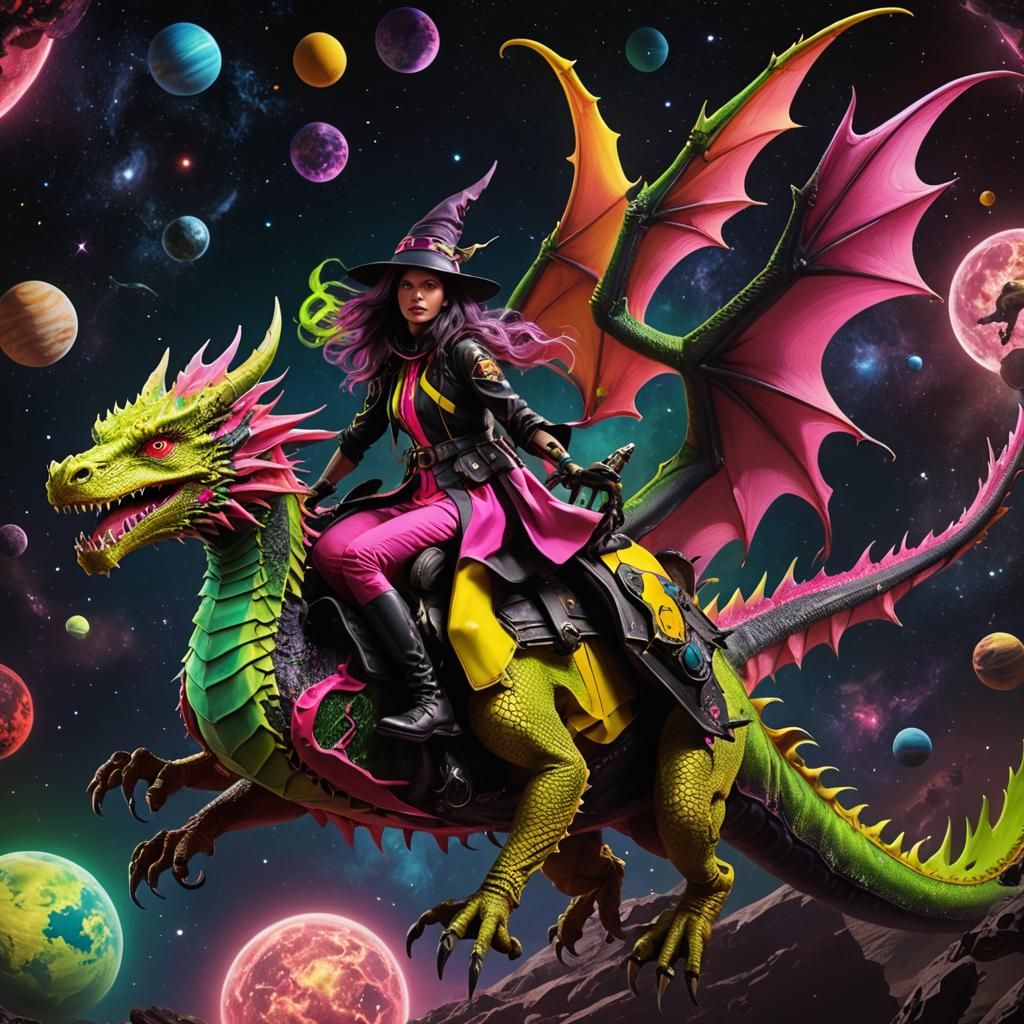 Cosmic Witch Rides Dragon in Surreal Style