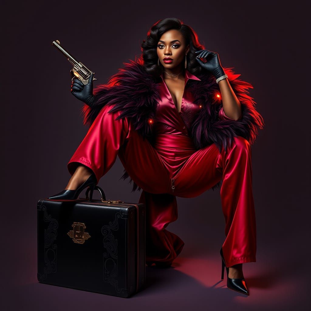 Glamorous Noir Goddess in Crimson Satin and Art Deco Embroid...