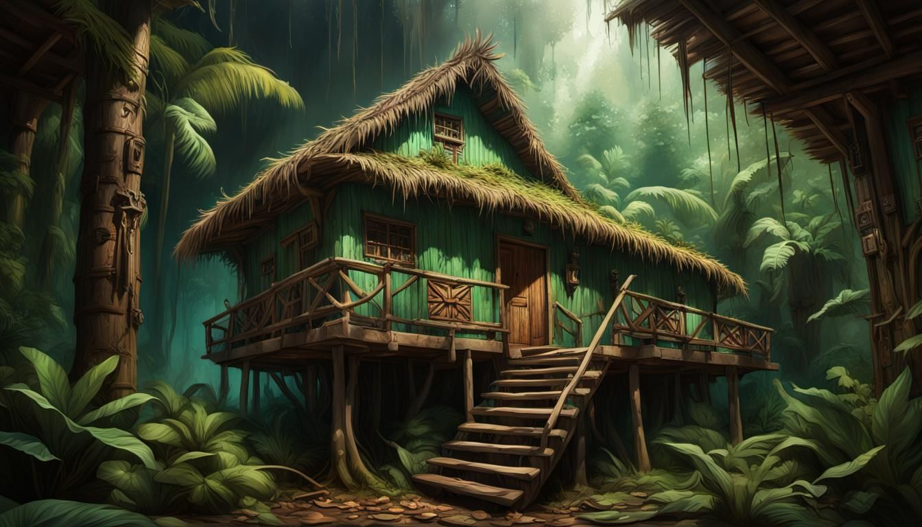 A Mysterious Aztec Jungle Woodhouse with Glowing Eyes and a...