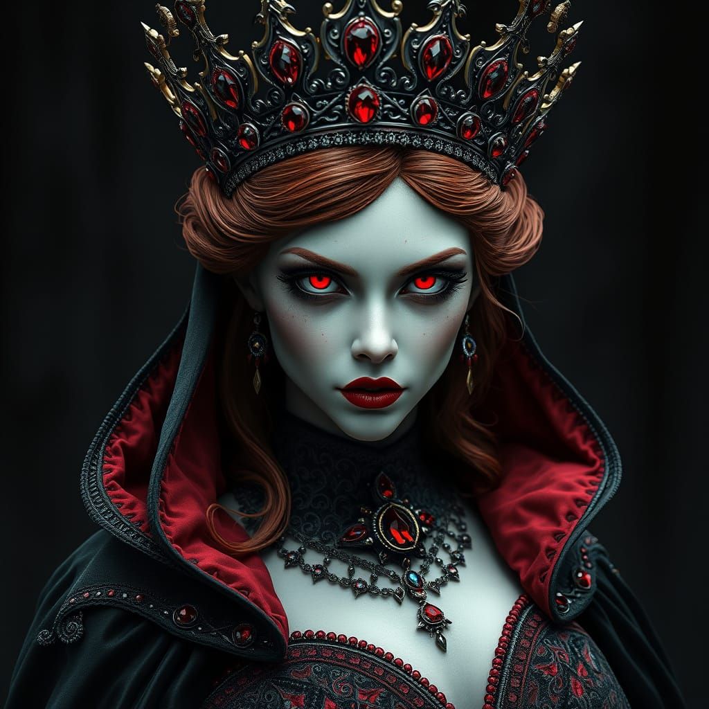 Dark Vampire Queen in Ruby Crown and Velvet Cloak