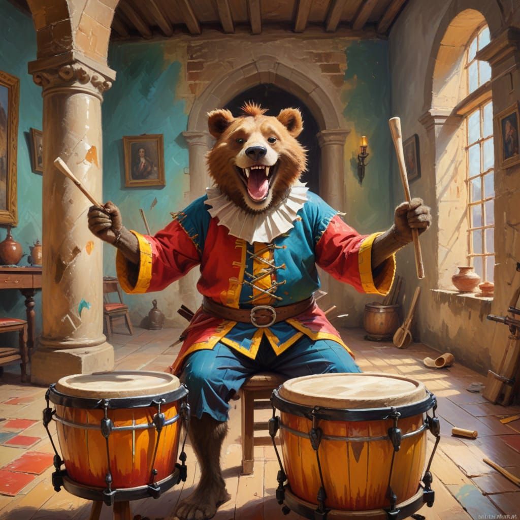 Whimsical Bard Plays Drums in Castle Room
