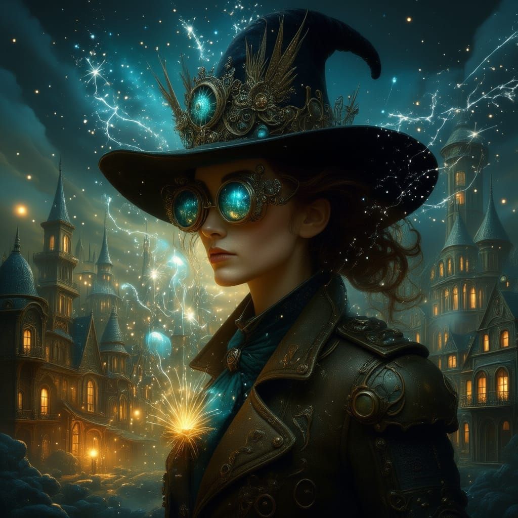 Steampunk Witch Portrait with Whimsical Town