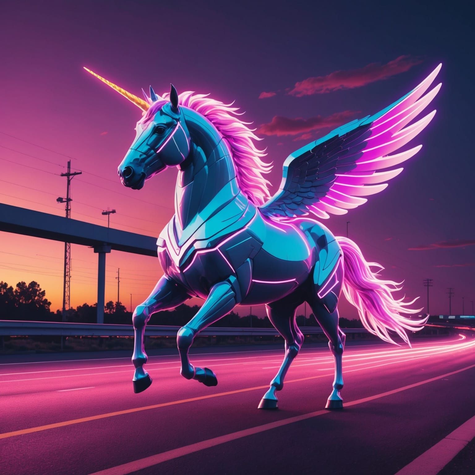 Neon Unicorn Flying Towards Synthwave Sunset