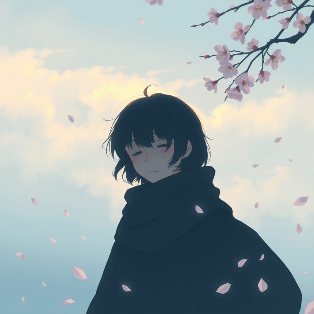 Melancholy Figure Surrounded by Falling Cherry Blossoms