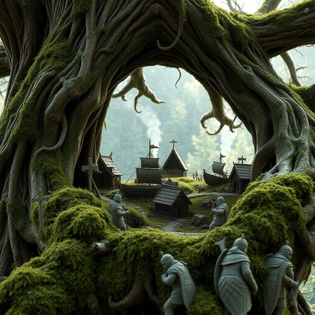 Miniature Viking Village in Giant Oak Tree