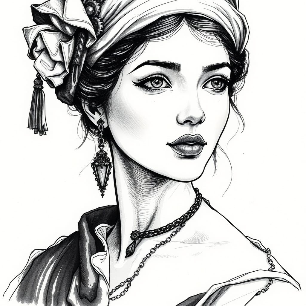 Elegant Woman's Portrait in Traditional Ink Style
