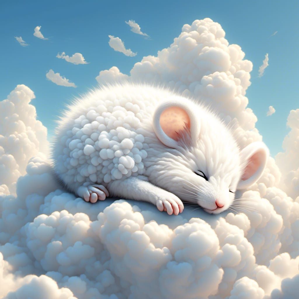 Fluffy Cloud Mouse Sleeping in Blue Sky