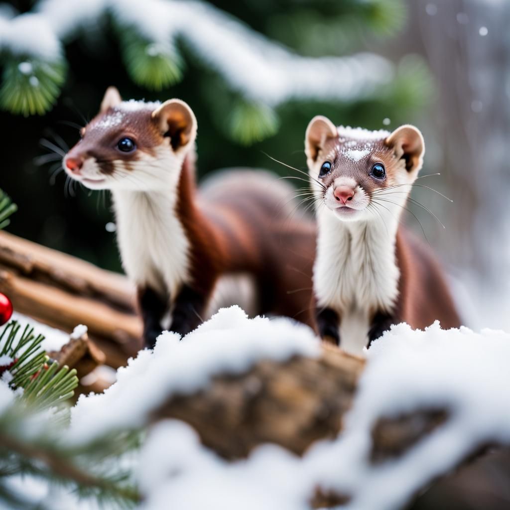 Weasels playing in the snow.
