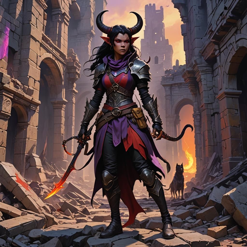 Tiefling Ranger in Hellish Ruins, Dark Fantasy Art