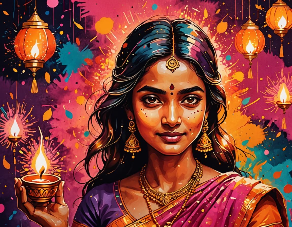 Colorful Diwali Portrait in Expressionist Ink Splatter