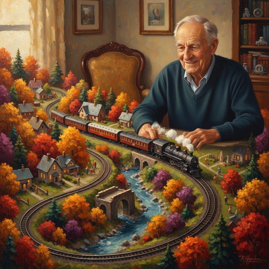 Man Enjoys Miniature Train in Autumn Village Diorama
