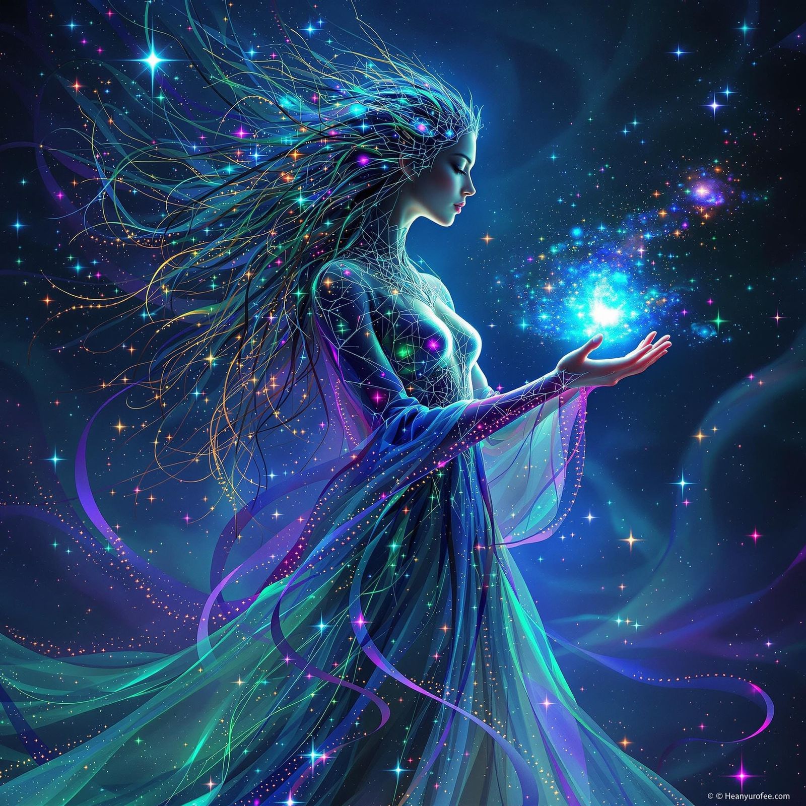 Glowing Goddess of the Galaxy in Cyberpunk Style