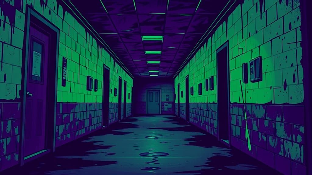 Eerie School Hallway in Comic Book Style