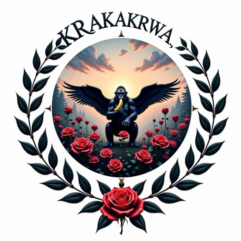 Winged Gorilla Eats Banana Amidst Roses and Surreal Double E...