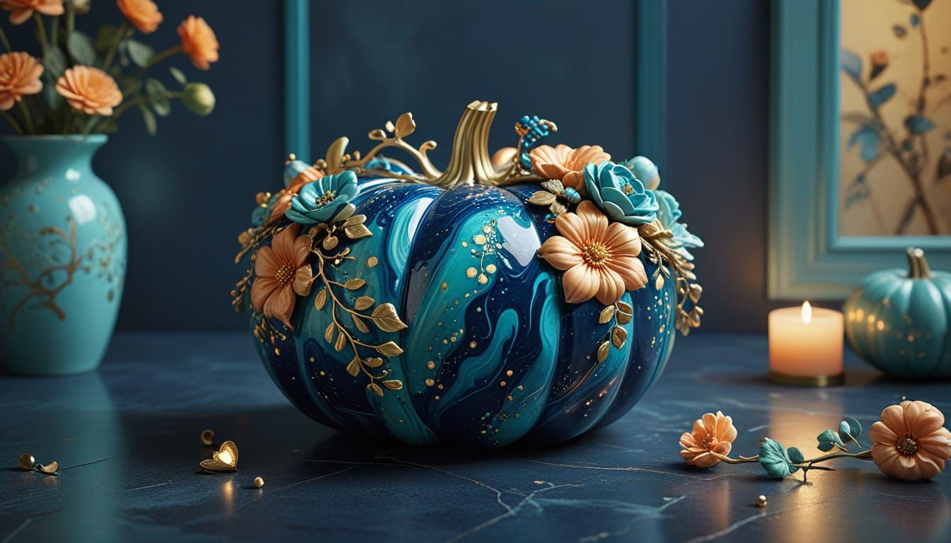 Navy Ceramic Pumpkin with Pastel Flowers: 3D Render