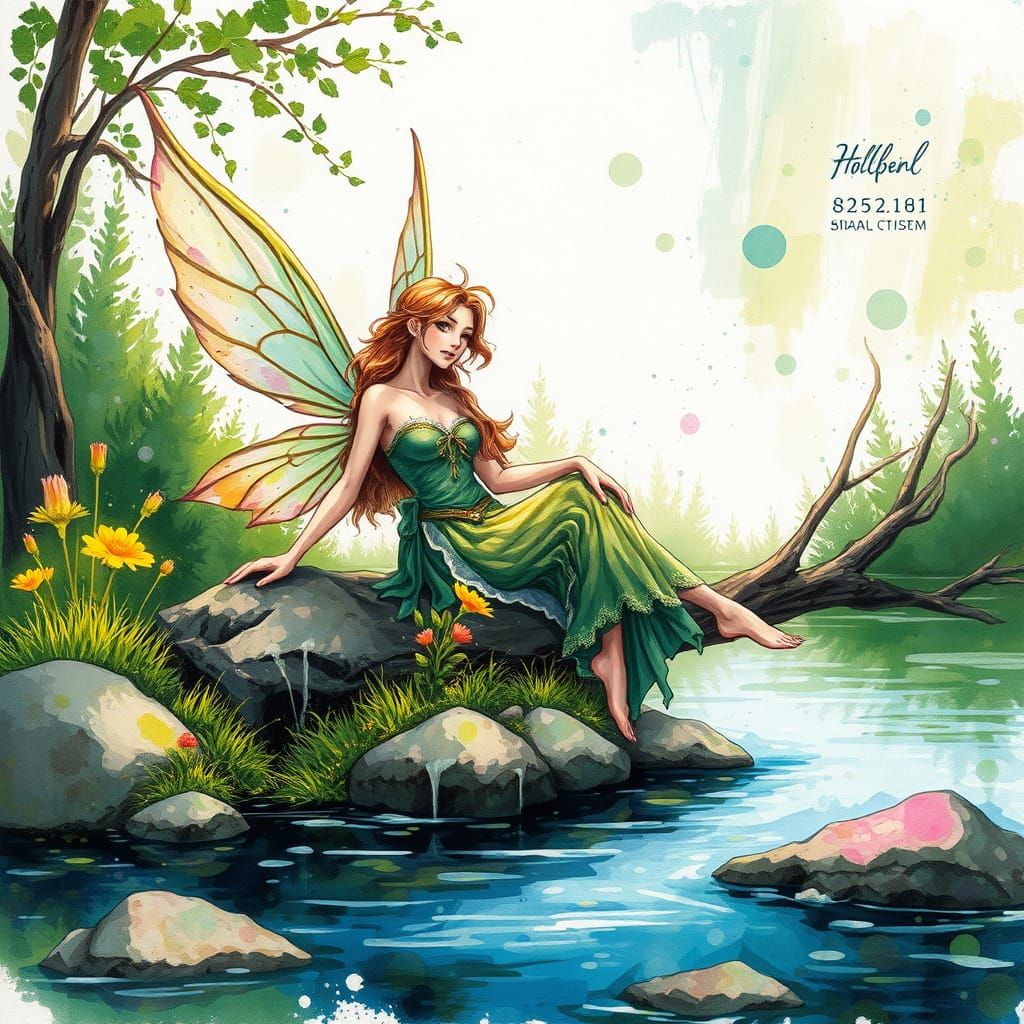 Fairy Reclining by River in Alcohol Ink Style