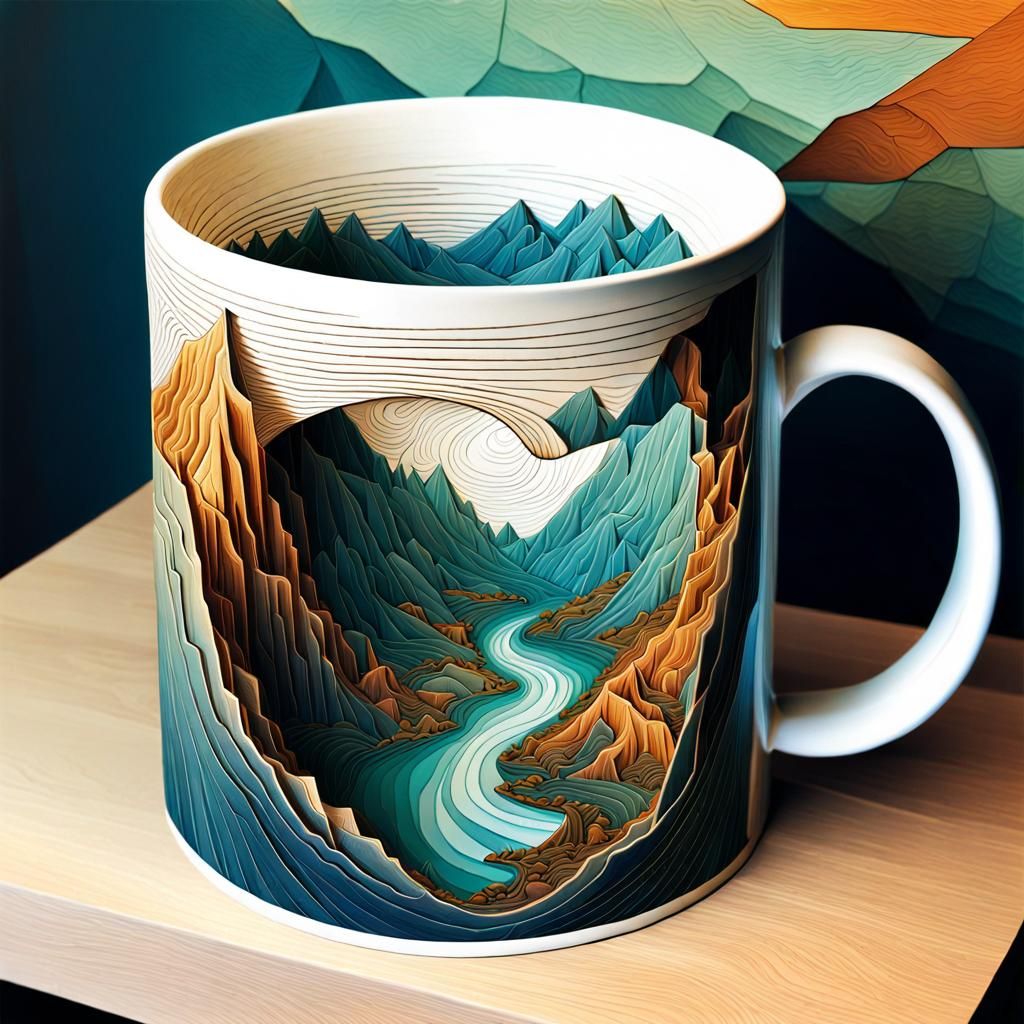 Whimsical Landscape Carved Inside a Mug