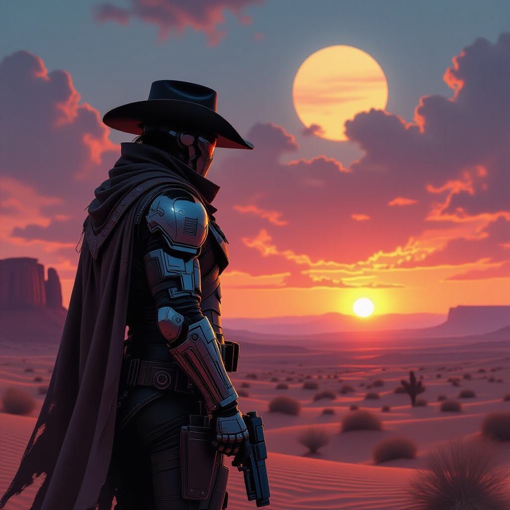 Sci-Fi Western Wanderer Under Binary Sunset