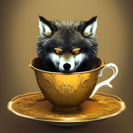 Cute Wolf in Teacup: Detailed Matte Painting