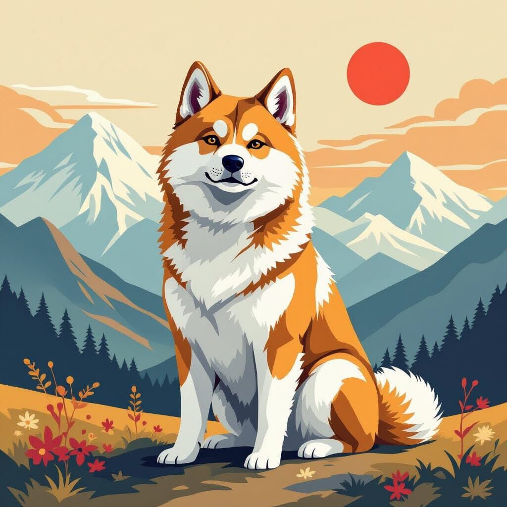Akita Dog in Mountain Landscape, Sorayama Style