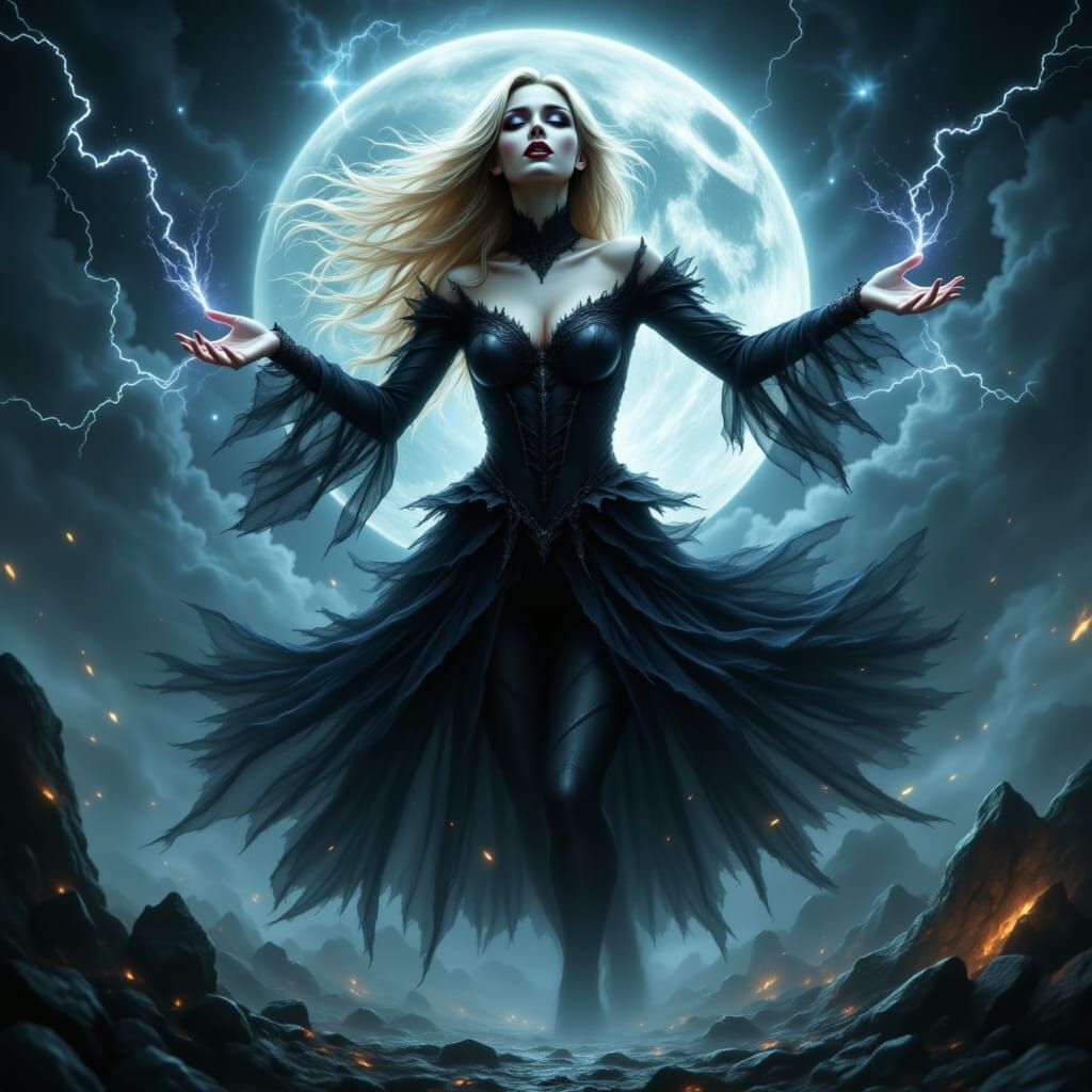 Powerful Witch Floats Above Earth Under Full Moon