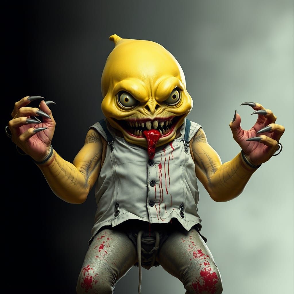 Grotesque Biomechanical Creature with Canary Blonde Head and...