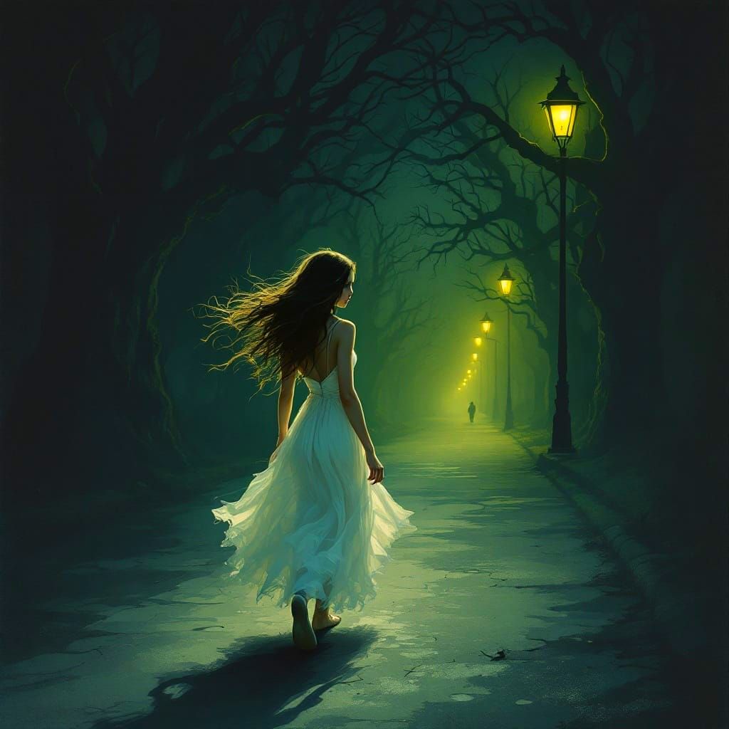 A Young Woman Walks Through a Haunting, Dimly Lit Street