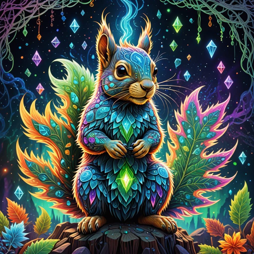 Psychedelic Crystal Squirrel in Ethereal Dreamscape