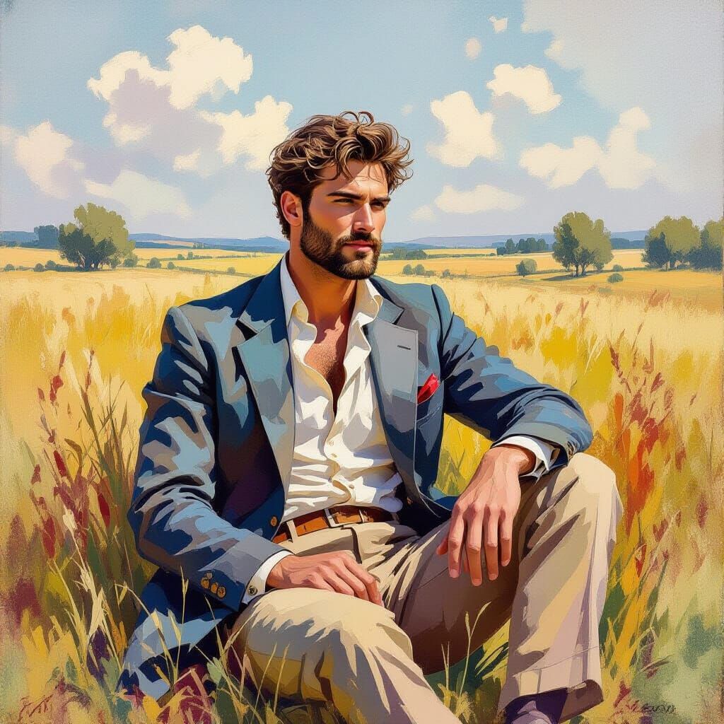 Man in Field as Gouache Style Impressionist Painting