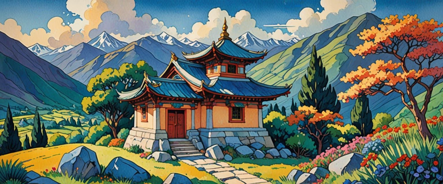Tibetan Shrine in Mountains, Watercolor Comic Style