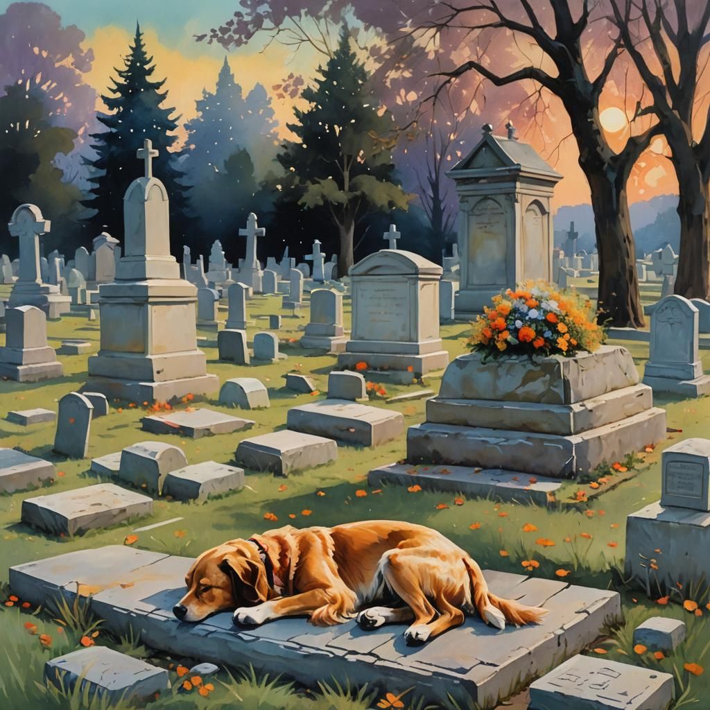 Dog Sleeping by Tomb: Impressionist Gouache Cemetery Scene