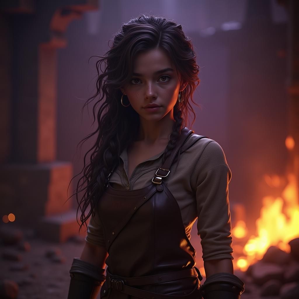 Blacksmith's Daughter with Braided Hair in Dark Fantasy