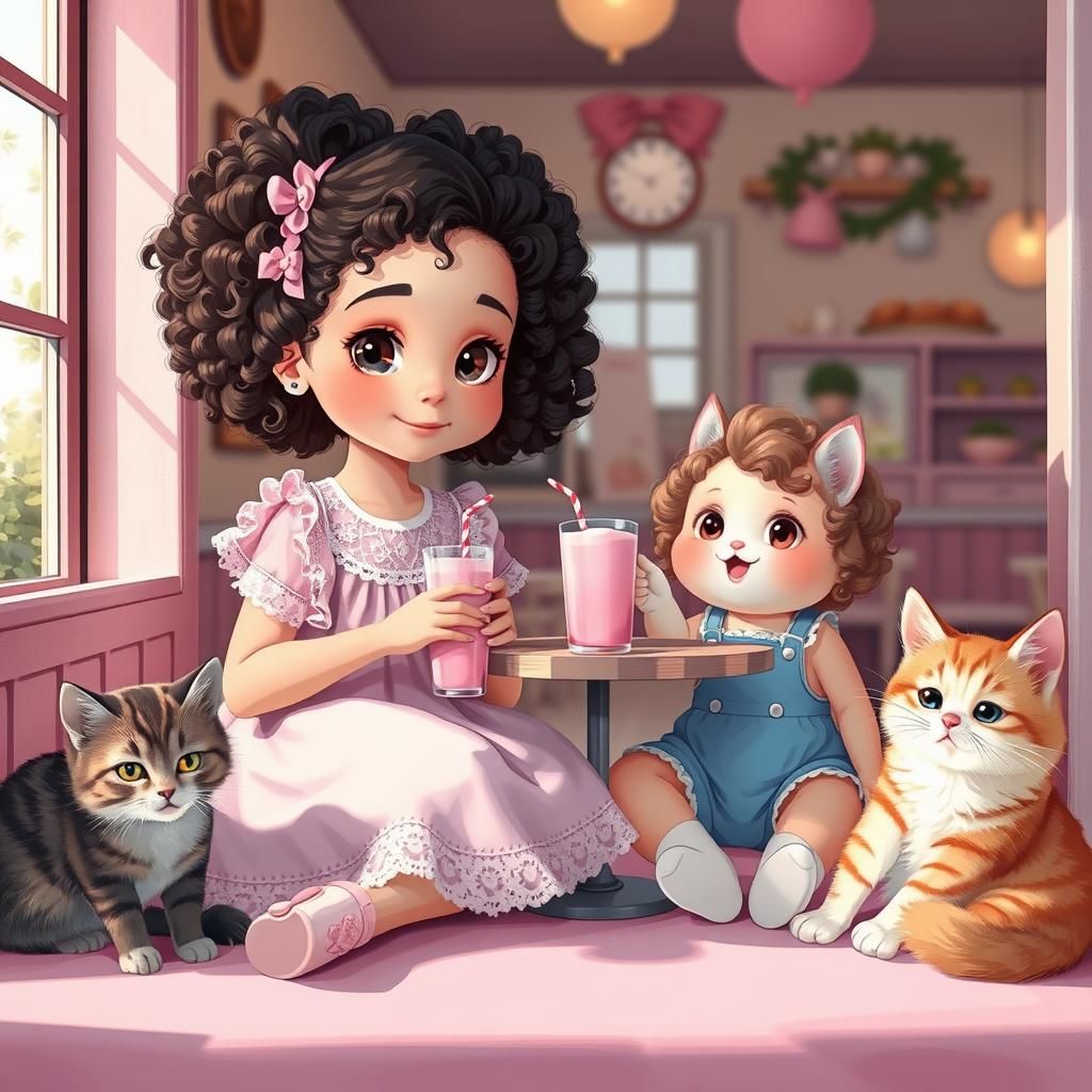 Girl and Baby Enjoying Pink Milkshakes in Cafe