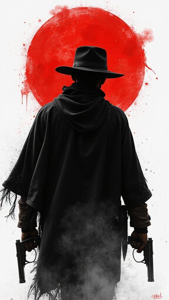 Gunslinger Silhouette in Sumi-e Style with Red Accents