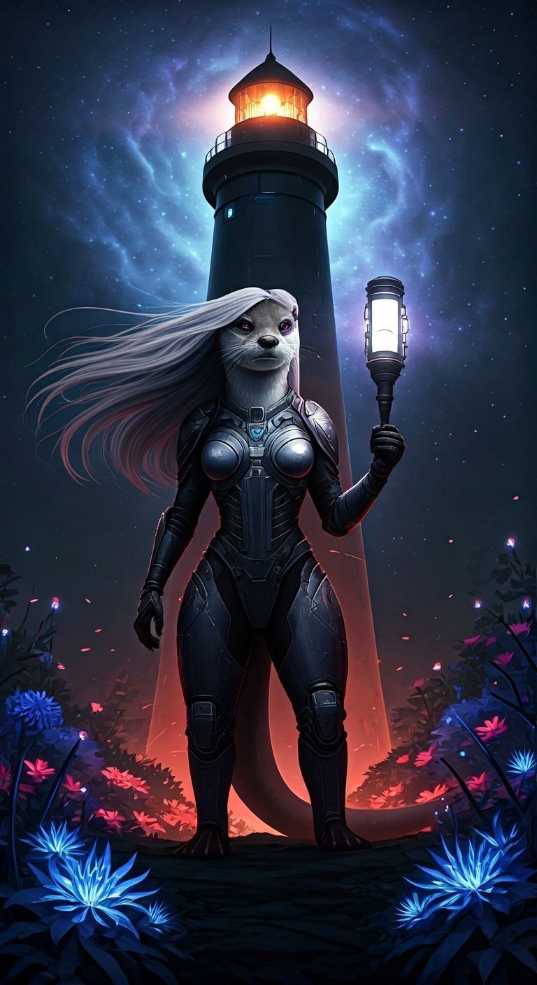 Otter-Woman Warrior Guarding Futuristic Lighthouse