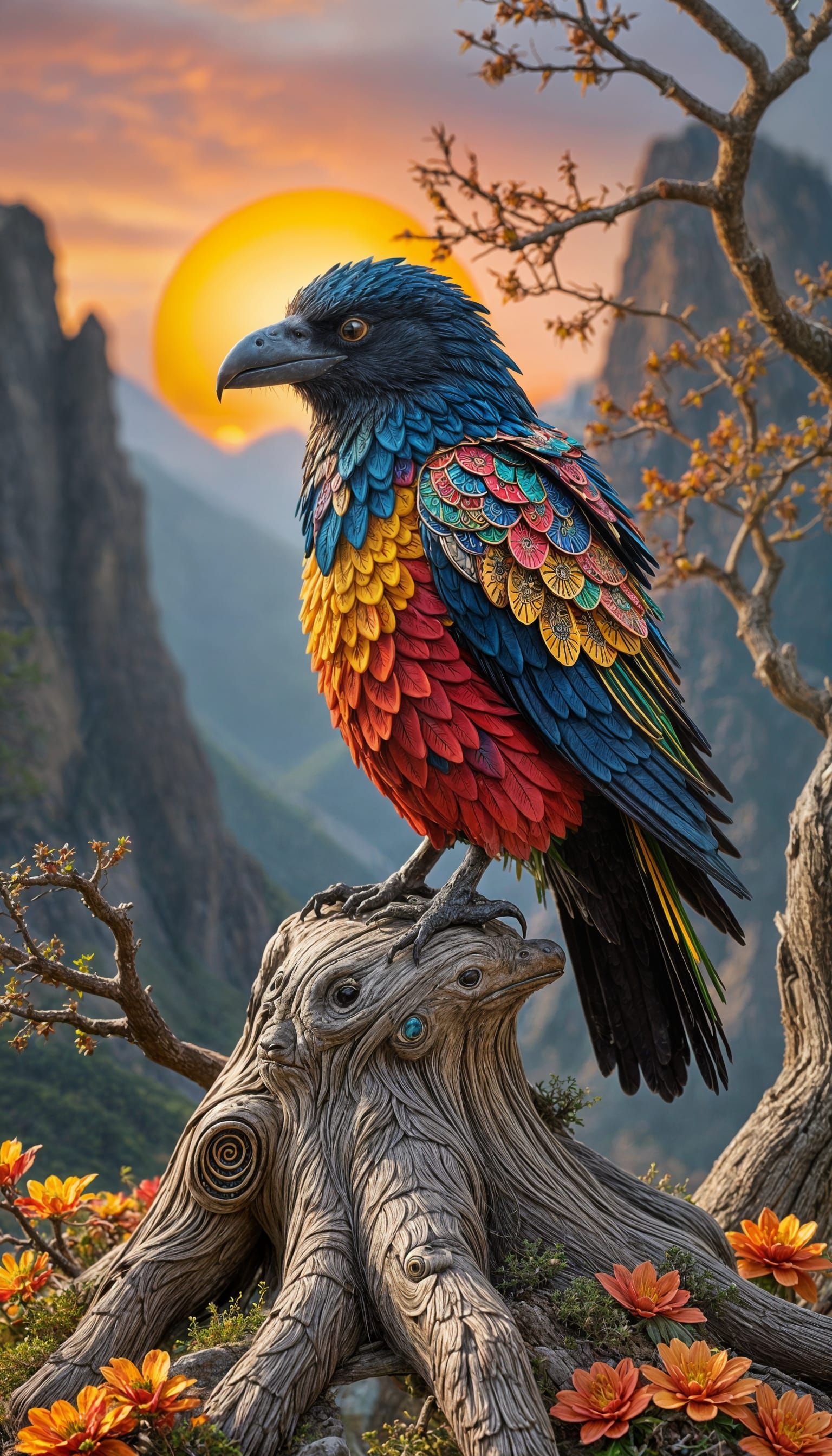 Bigfoot and Raven in Whimsical Korean-Inspired Landscape