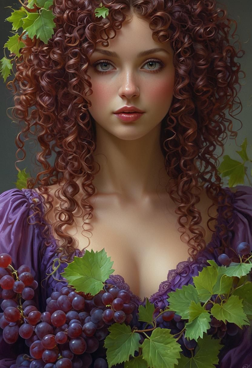 Grape Gown Portrait in Hyperrealistic Fantasy Style
