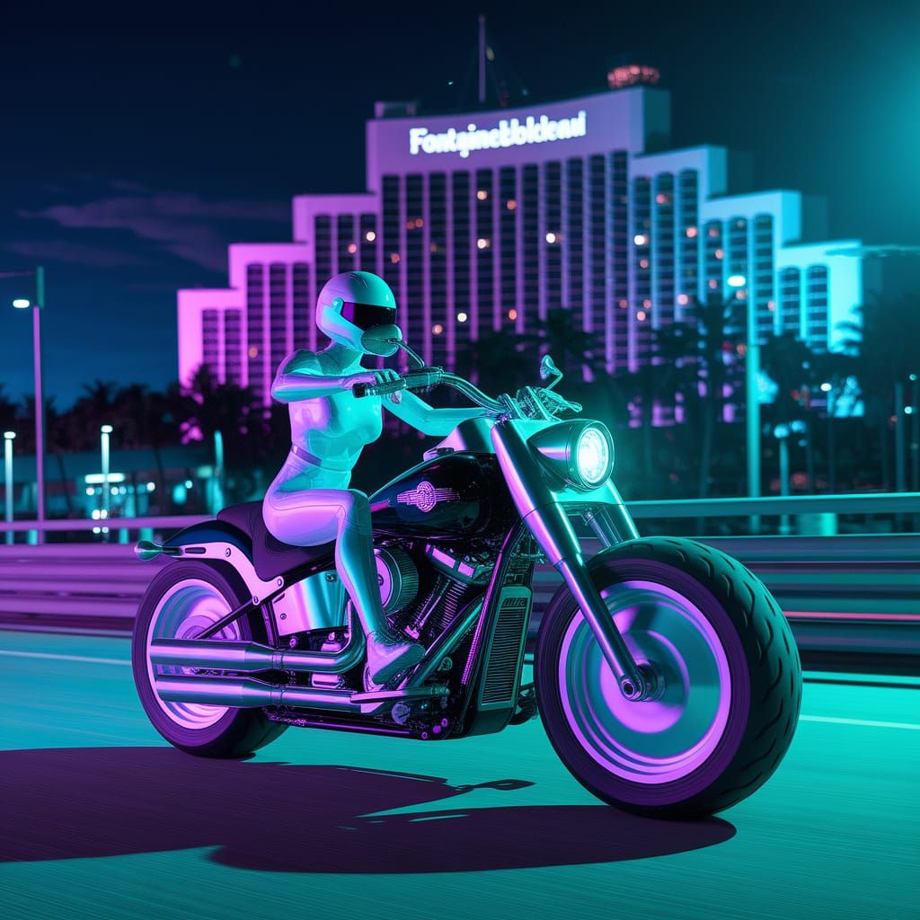 Cyber Woman Rides Harley in Neon Miami