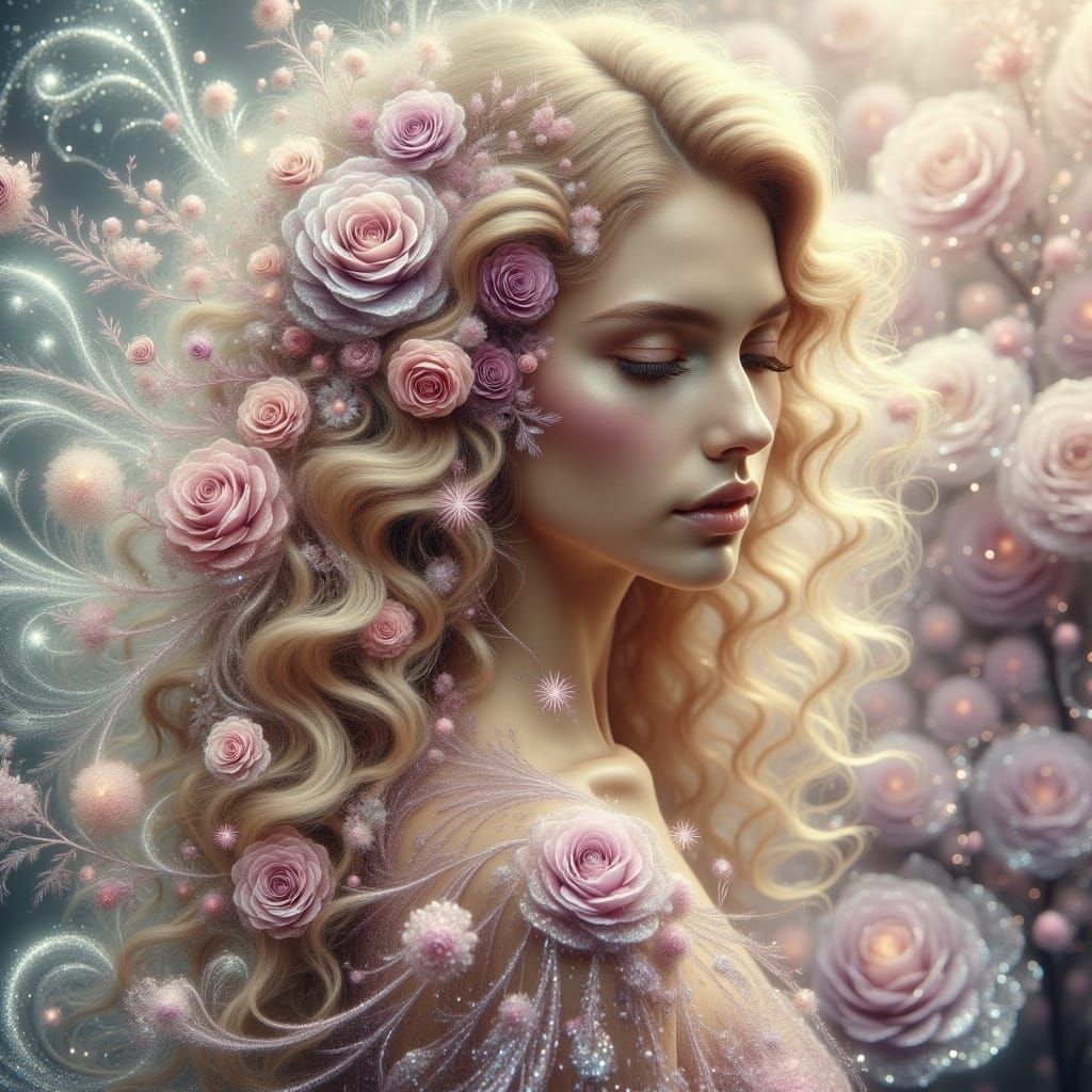 Enchanted Woman with Golden Hair and Watercolor Clouds