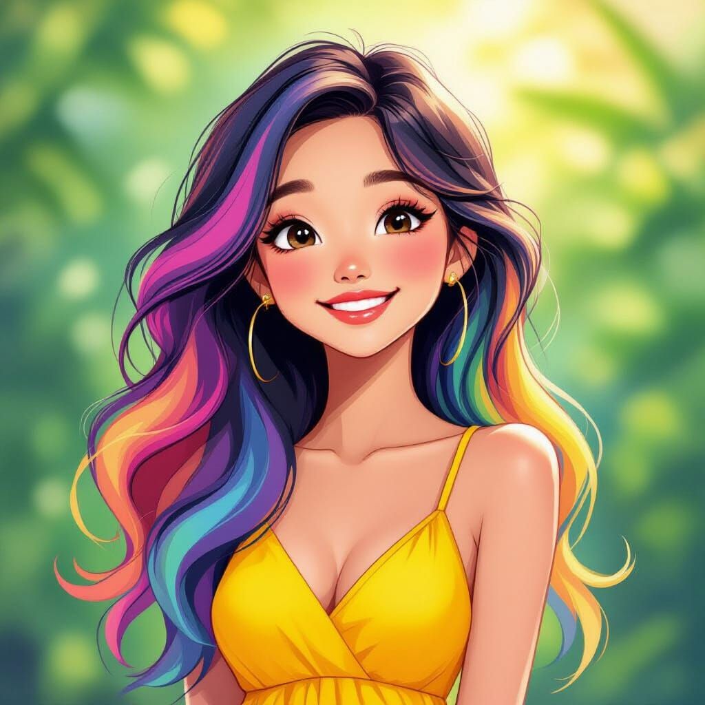 Whimsical Cartoon Asian Girl with Rainbow Hair